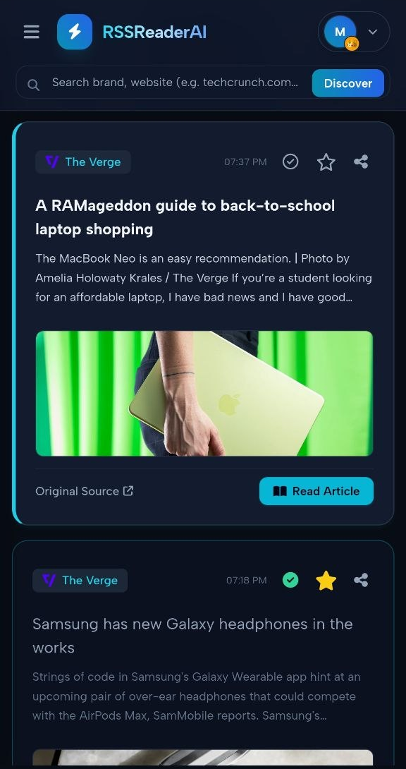 RSS Reader AI Web App Interface